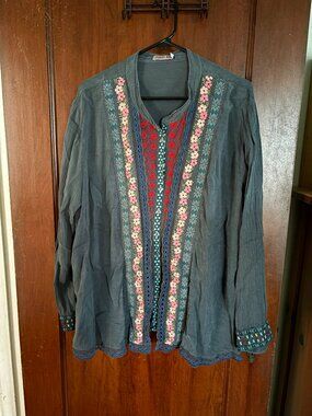 Johnny Was Bohemian Embroidered Button Up Blouse